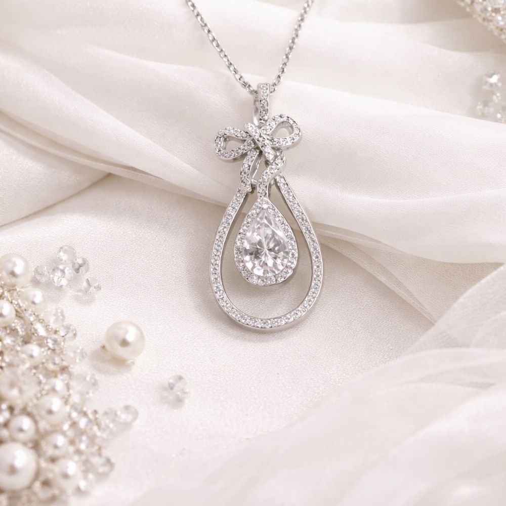 2.7CT Moissanite Bridal Pendant Necklace S925 Silver Wedding Teardrop Bow 16”+2”